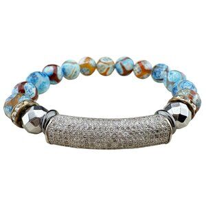 Dzi Agate Stretch Bracelet W/ Glass Crystal Embellishments & Cubic Zirconia Pave